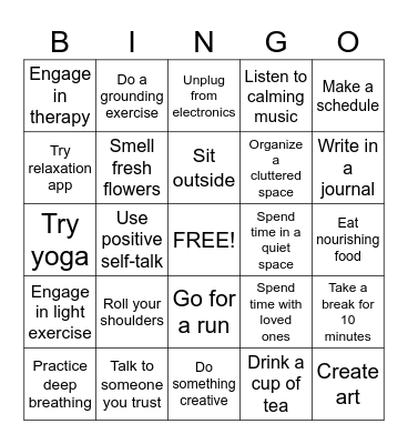 Stress Reduction Bingo Card