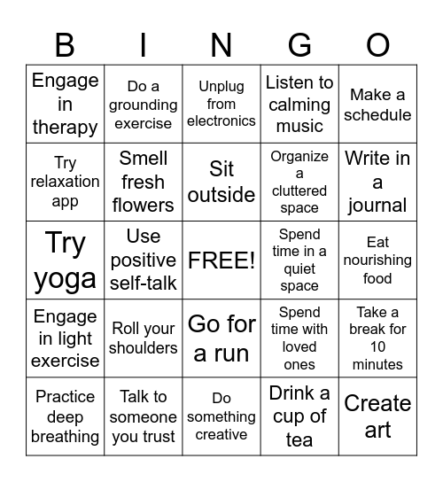 Stress Reduction Bingo Card
