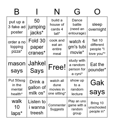 College Bingo Card