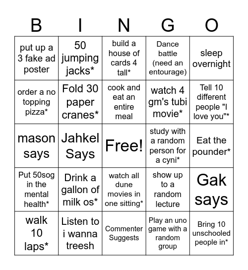 College Bingo Card