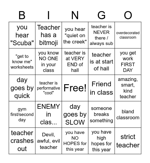 Back to school bingo Card