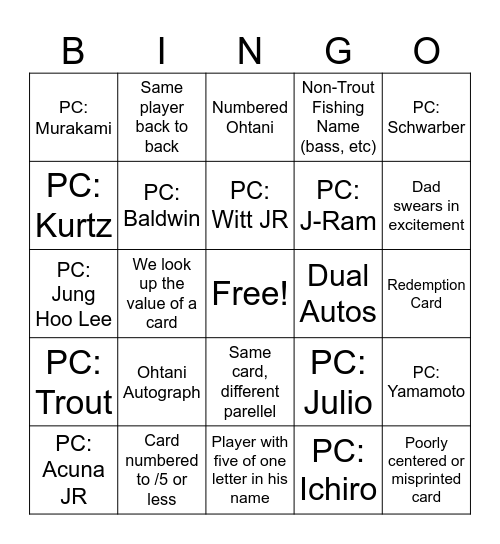 Hobby Rip Bingo Card