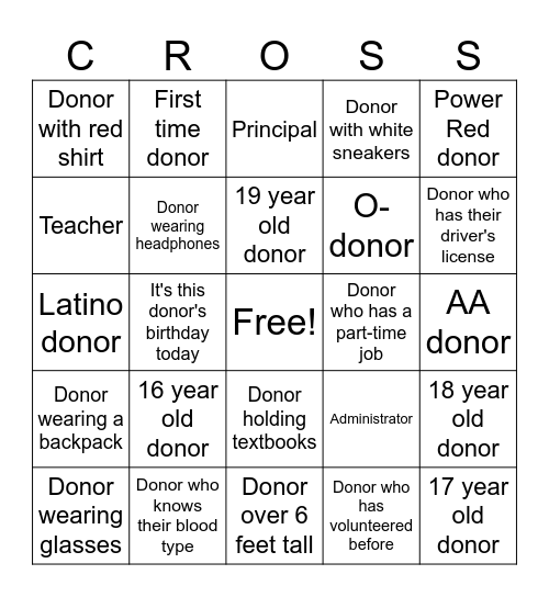 Red Cross Recruitment Bingo Card
