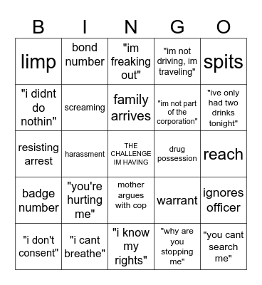 cop slop Bingo Card