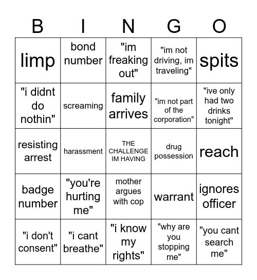 cop slop Bingo Card