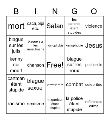South Park Bingo Card