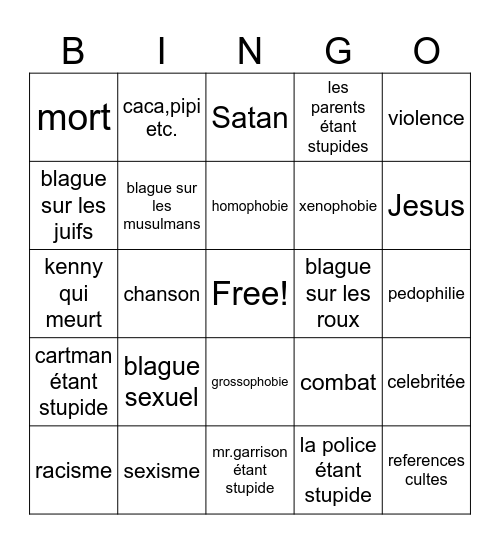 South Park Bingo Card