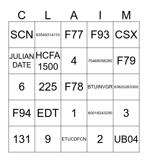 Claims Review Bingo Card
