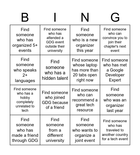 GDG on Campus Bingo Card