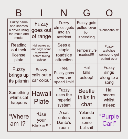Fuzzy Roadtrip Bingo! Bingo Card