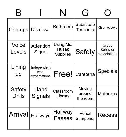 Back to School Bingo Card