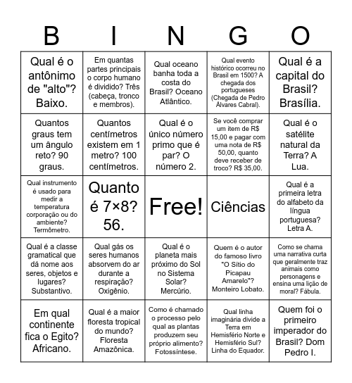 História e Geografia  Quem foi o primeiro imperador do Brasil? Dom Pedro I.  Qual é o maior país em extensão territorial do mundo? Rússia.  Em qual continente fica o Egito? Africano.  Qual é o menor estado do Brasil em extensão territorial? Sergipe.  Qua Bingo Card