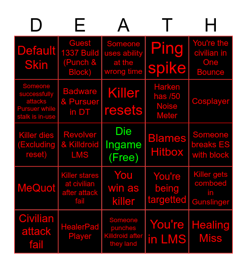 Die of Death Bingo Card