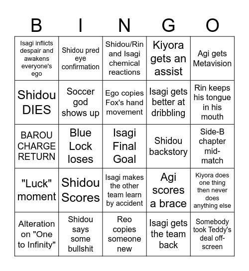 Blue Lock England Match Bingo Card