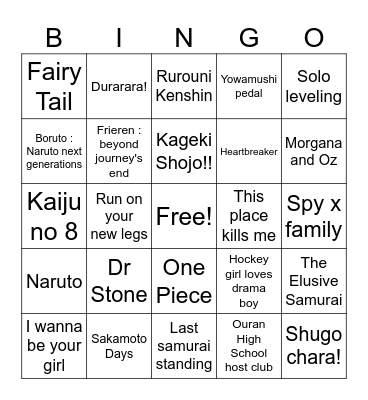 Manga Bingo Card