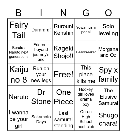 Manga Bingo Card