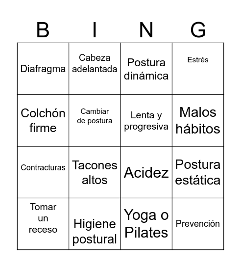 BINGO HIGIENE POSTURAL Bingo Card