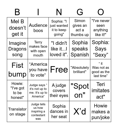 AGT Bingo Card