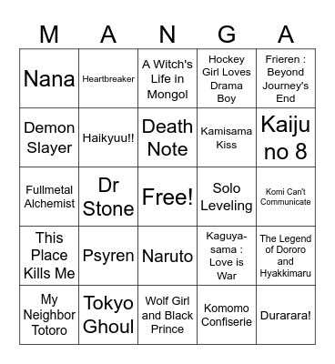 Manga Bingo Card