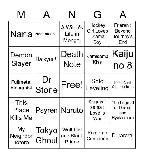 Manga Bingo Card