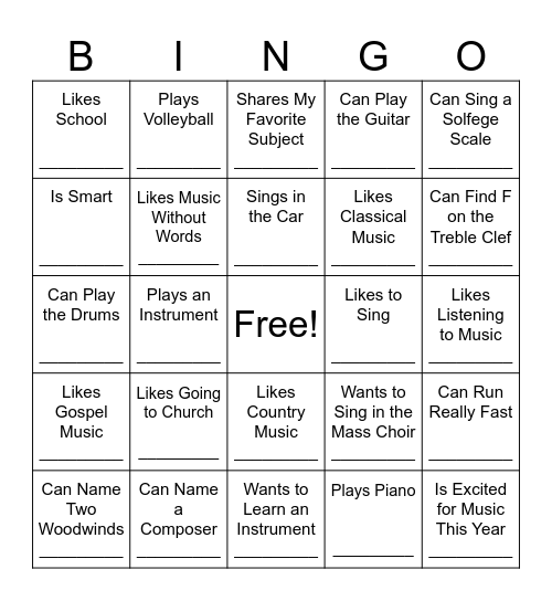 Welcome to Music! Bingo Card