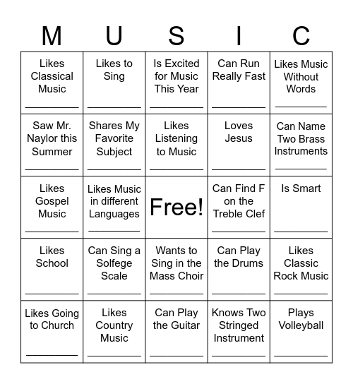 Welcome to Music! Find Someone Who: Bingo Card