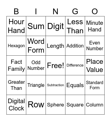 2nd Grade Math Vocabulary Bingo Card