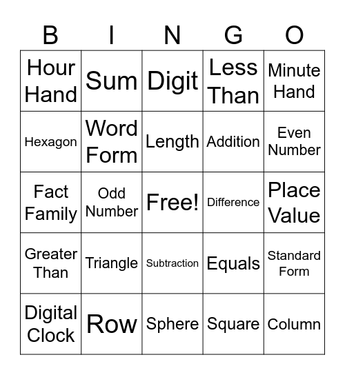 2nd Grade Math Vocabulary Bingo Card