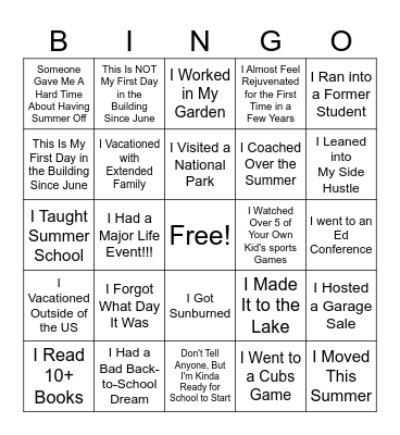 Summer Break Bingo Card