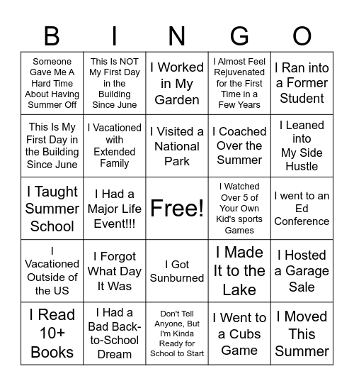 Summer Break Bingo Card