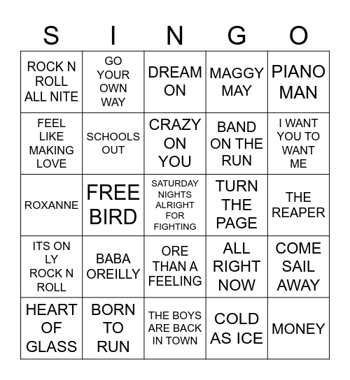 195 JUKEBOX HITS : 70’S ROCK Bingo Card