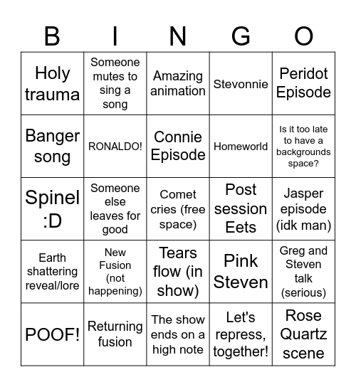 Steven Universe Future Finale Bingo Card