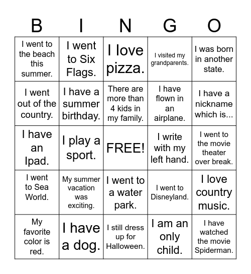 Back to School Bingo Card