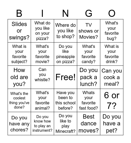 Get to know me! Bingo Card