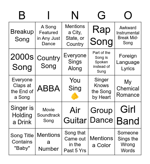 Sydney's 21st Birthday Karaoke Bingo Card