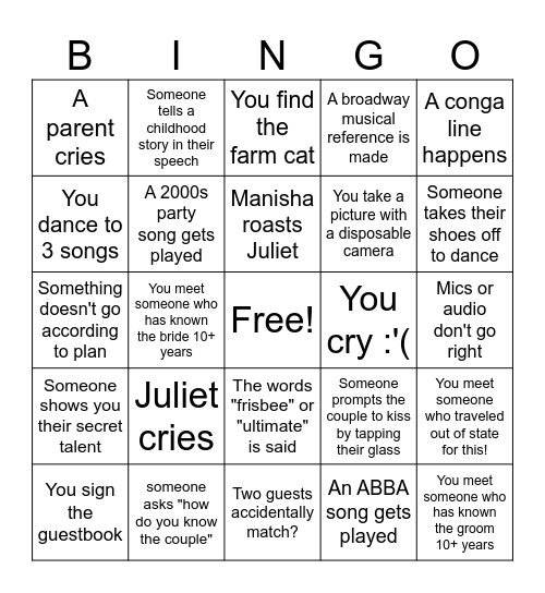 EJ Wedding Bingo Card