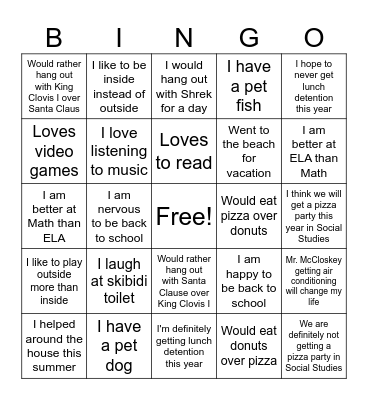 6th Grade Bingo Card