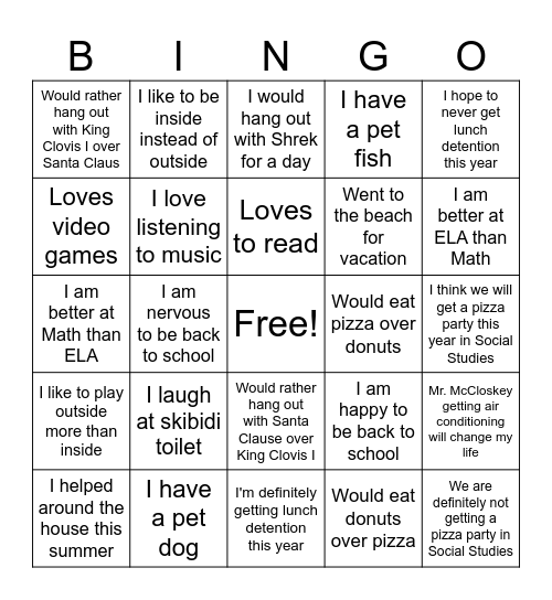 6th Grade Bingo Card