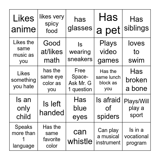 Human Bingo- Find Someone Who... Bingo Card