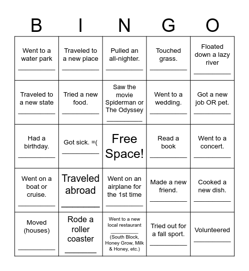 Things you did over the summer - COVER ALL! Bingo Card