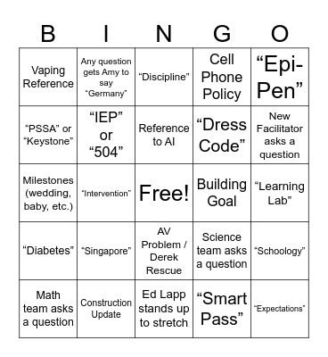 First Day Faculty Meeting Bingo Card