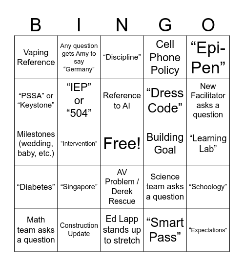 First Day Faculty Meeting Bingo Card