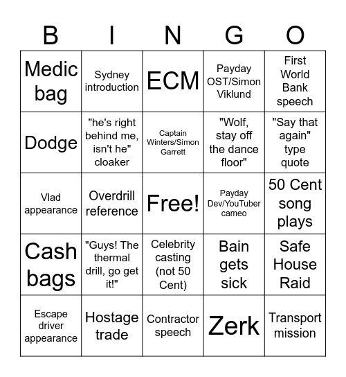 Payday Show Bingo Card