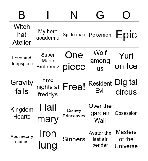 Cosplay Bingo Card