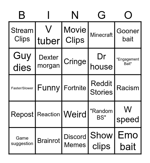 YT shorts Bingo Card