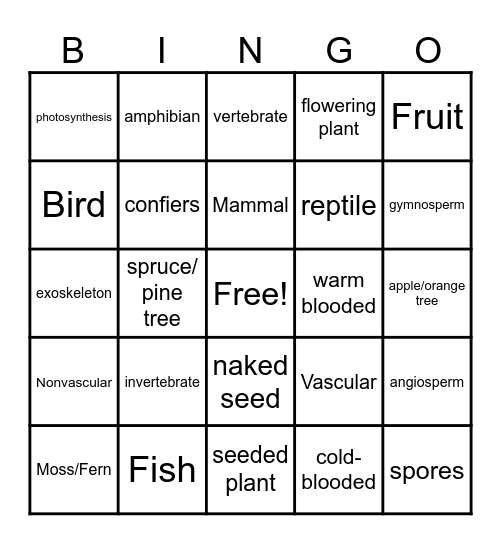 Plant and Animal Classification Bingo Card