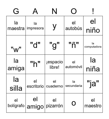 Spanish 1 Vocab 1A Bingo Card