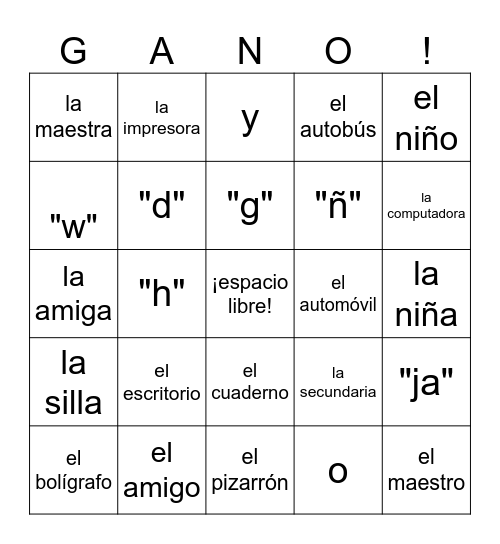 Spanish 1 Vocab 1A Bingo Card