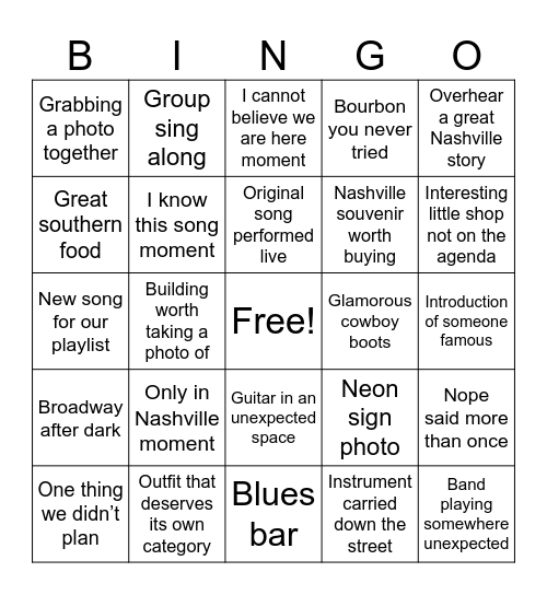 Nashville Bingo Card