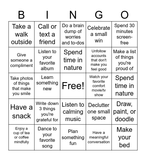 Self-care Bingo Card